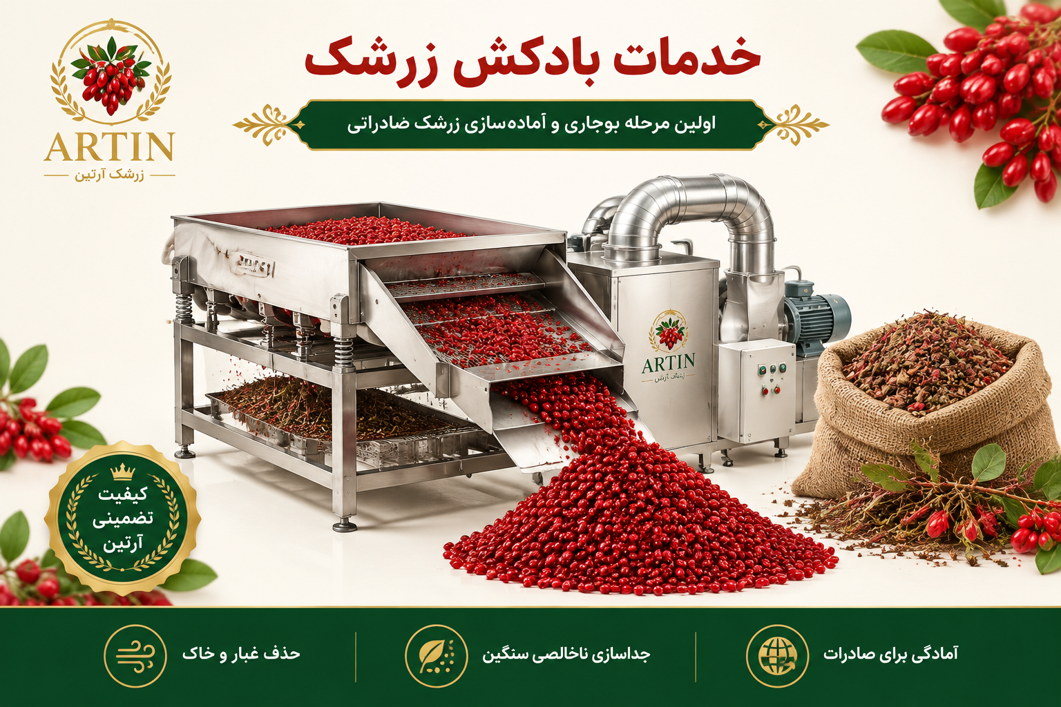 دستگاه بادکش صنعتی در حال بوجاری زرشک؛ اولین مرحله پاکسازی و آماده‌سازی زرشک صادراتی در مجموعه آرتین